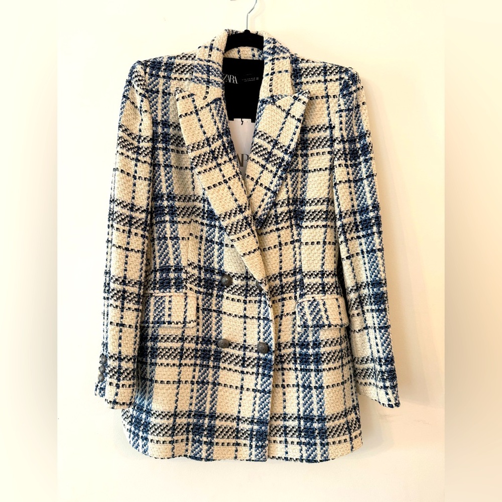 ZARA Plaid Bouclé Tweed Blazer M Cream/Blue Double Breasted NWT